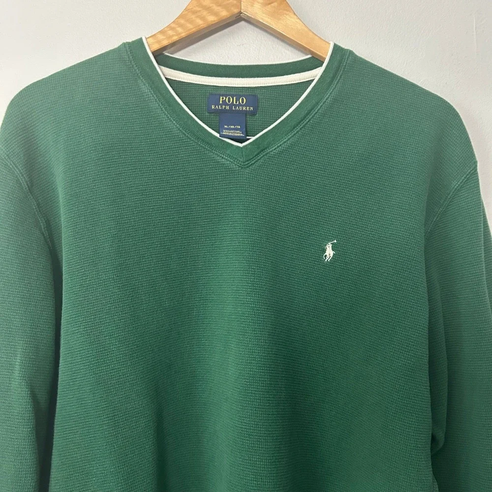 Polo Ralph Lauren Shirt Mens XL Green Thermal Waffle Knit V-Neck Cotton Pony